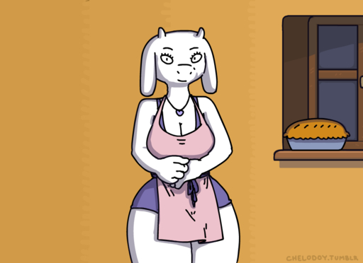 2d_animation animated anthro apron boss_monster bovid breasts caprine chelodoy cleavage clothed clothing dessert fangs female food frame_by_frame fur horn long_ears looking_at_viewer mammal pie short_playtime sniffing solo thick_thighs toriel video_games white_body white_fur // 983x715 // 3.6MB