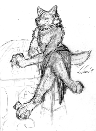 anthro canid canine canis collar coyote crossed_legs hi_res inside male mammal monochrome sarong sketch smile solo tuuwa vellum // 1600x2171 // 2.6MB