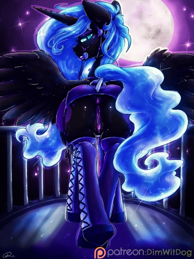2014 anus black_body black_feathers black_fur blue_eyes blue_hair butt dimwitdog equid equine feathered_wings feathers female feral friendship_is_magic fur genitals hair hasbro hi_res horn horse looking_at_viewer mammal moon my_little_pony night nightmare_moon_(mlp) presenting presenting_hindquarters pussy reins solo winged_unicorn wings // 1505x2000 // 598.3KB
