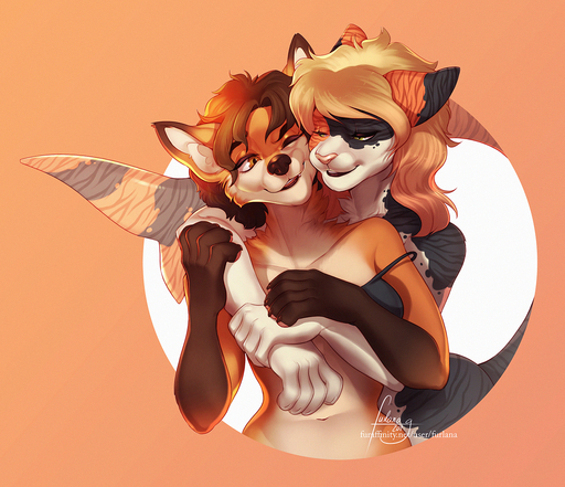 2019 5_fingers anthro black_nose blonde_hair bra breasts brown_hair canid canine clothing duo female fin fingers fox furlana green_eyes hair hybrid mammal marine pink_nose simple_background smile underwear // 1254x1080 // 1.4MB