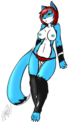 2:3 anthro areola avante92 breasts canid canine clothed clothing female fox green_eyes hair hi_res looking_at_viewer mammal nipples red_hair solo topless // 1200x1800 // 471KB