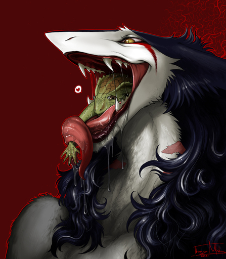 <3 ambiguous_gender black_hair bodily_fluids drooling duo fangs feet_first female female_pred feral hair head_in_mouth long_tongue mammal mick39 neck_bulge oral_vore rain_silves red_background saliva scalie sergal simple_background soft_vore teeth throat_hug tongue vore // 697x799 // 534.7KB