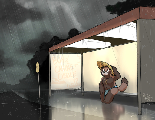 2016 anthro biped bottomwear bus_stop canid canine clothed clothing conical_hat itsuki_(housepets!) loincloth looking_up male mammal outside overweight overweight_anthro overweight_male raccoon_dog raining rick_griffin signature sitting solo tanuki topless webcomic webcomic_character // 1155x893 // 596.7KB