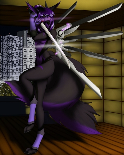 4:5 5_fingers anthro biped black_nose canid canine detailed_background digitigrade eyewear female fingers fox goggles hair hi_res holding_object holding_sword holding_weapon mammal mechanical_wings melee_weapon nude purple_hair solo standing sword tales_foxdale weapon // 1024x1280 // 202.2KB