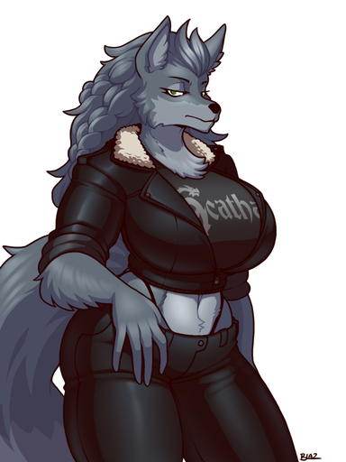 anthro blazbaros canid canine canis clothing female hi_res jacket mammal solo topwear wolf // 900x1200 // 442KB