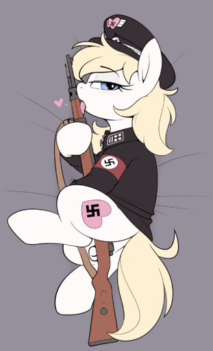 <3 aryanne_(character) clothing equid equine fan_character female feral gun hat headgear headwear hi_res horse licking lol_comments looking_at_viewer lying mammal nazi pony ranged_weapon shinodage solo swastika tongue tongue_out weapon // 1317x2166 // 522.9KB