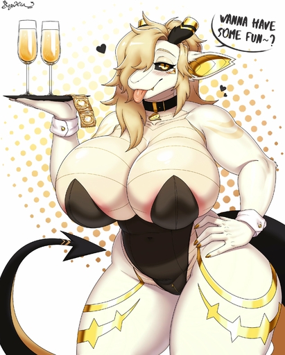 absurd_res anthro areola beverage big_breasts blonde_hair breasts clothed clothing dragon female hair hi_res huge_breasts solo sophiathedragon thick_thighs tongue tongue_out wide_hips // 2450x3050 // 656.0KB