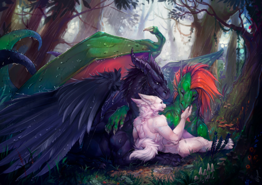 2019 absurd_res ambiguous_gender anthro black_hair canid canine claws day detailed_background digital_media_(artwork) dragon feral forest fox grass green_body green_skin group hair hi_res horn lying male mammal membrane_(anatomy) membranous_wings nude outside plant raining saintcocoa scalie tree trio western_dragon wings // 3507x2480 // 9.1MB