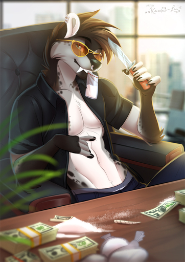 2018 5_fingers anthro black_nose blue_eyes brown_hair canid canine detailed_background digital_media_(artwork) drugs ear_piercing eyewear fingers glasses hair kammi-lu knife looking_at_viewer male mammal money navel piercing shaded smile solo // 707x1000 // 377KB