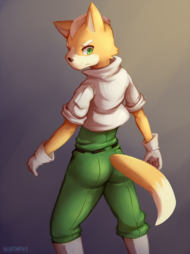 2016 3:4 anthro black_nose butt canid canine clothed clothing fox fox_mccloud fully_clothed fur green_eyes looking_back male mammal nurinaki simple_background solo video_games // 750x1000 // 396.8KB