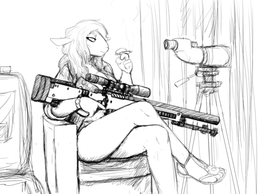 2017 4:3 anthro big_breasts biped black_and_white boss_lamb_(hladilnik) bovid breasts caprine chair cigarette cleavage clothed clothing crossed_legs curtains domestic_sheep female footwear furniture gun hair hladilnik holding_gun holding_object holding_weapon inside mammal monochrome ranged_weapon rifle sandals sheep sitting sketch smile smoking sniper_rifle solo suitcase telescope trigger_discipline tripod weapon // 1280x960 // 1.0MB