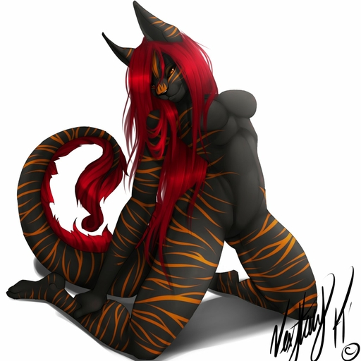 1:1 abstract_background anthro biped breasts felid female hair hi_res kneeling looking_at_viewer mammal nude simple_background smile solo stripes vexstacy // 1280x1280 // 160.7KB
