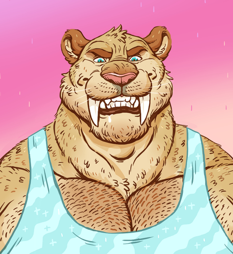 2016 anthro blue_eyes bodily_fluids bust_portrait clothed clothing digital_media_(artwork) dramamine fangs felid front_view fur grin looking_at_viewer machairodontine male mammal muscular muscular_anthro muscular_male pecs pink_background pink_nose portrait rape_face sabertooth_(anatomy) saliva shirt simple_background smile solo tan_body tan_fur tank_top teeth topwear whiskers // 855x931 // 480.2KB