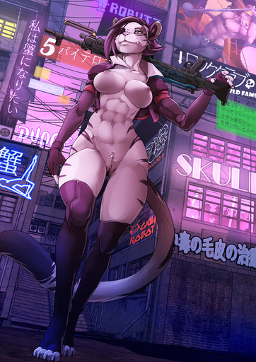 2019 5_fingers anthro bottomless breasts clothed clothing detailed_background digital_media_(artwork) felid female fingers genitals gun hi_res holding_gun holding_object holding_weapon jacket legwear mammal nilani_(pocket-sand) nipples open_clothing open_jacket open_topwear pantherine pubes pussy ranged_weapon solo standing thigh_highs tiger toeless_legwear topwear twinkle-sez weapon // 905x1280 // 1.1MB