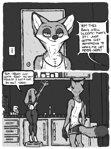 anthro boxers_(clothing) butt canid canine clothing comic dialogue disney english_text female fluffy fluffy_tail fox hi_res judy_hopps lagomorph leporid luraiokun mammal monochrome nick_wilde rabbit shirt smile standing tank_top text topwear underwear zootopia // 950x1280 // 1.0MB