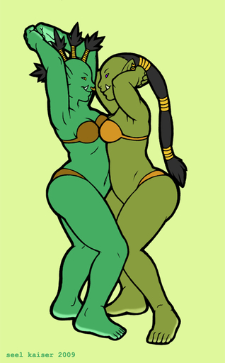 bra breast_squish breasts breasts_frottage clothing curvy_figure dancing duo female femalefemale green_body green_skin humanoid not_furry orc orc_humanoid piercing pillarbox seel_kaiser simple_background smile squish underwear voluptuous // 520x836 // 186.4KB