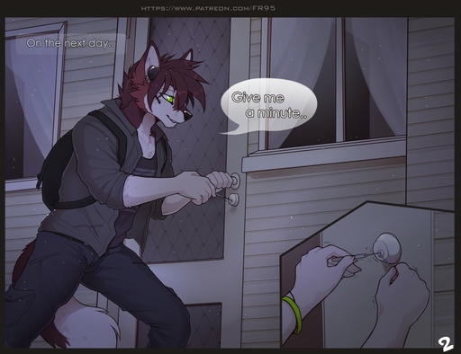 2017 anthro canid canine canis clothed clothing comic dialogue digital_media_(artwork) english_text f-r95 fur hair jared_(lipton) lockpicking male mammal robbery shaded smile solo speech_bubble text wolf // 1280x985 // 168.3KB