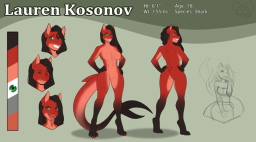 2019 absurd_res anthro black_hair breasts english_text female fish green_eyes hair hi_res kittydee lauren_kosonov looking_at_viewer marine model_sheet non-mammal_breasts nude open_mouth piercing sad shark sharp_teeth simple_background smile solo teeth text // 4500x2500 // 2.5MB