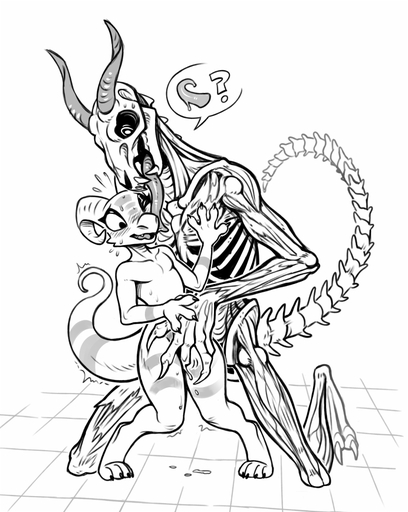 2018 anthro bodily_fluids bone duo female fingering flat_chested genital_fluids horn kobold licking magic_user male malefemale monochrome necromancer nude pussy_juice scalie simple_background size_difference skeleton skull sorc sweat text tongue tongue_out undead // 692x869 // 293.9KB