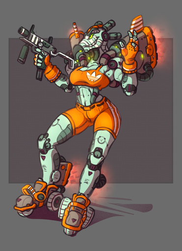 anthro bottomwear breasts cleavage clothed clothing digital_media_(artwork) female fingerless_gloves gloves green_eyes grin handwear hi_res machine midriff muscular muscular_anthro muscular_female ranged_weapon robot rube shaded shorts smile solo weapon // 1171x1617 // 1.4MB