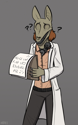 ? ambiguous_gender anthro braille_text camera canid canine clipboard clothing eyeless hair hi_res keadonger mammal monster scp-1991 scp_foundation simple_background solo teeth text webcam // 785x1254 // 632.9KB